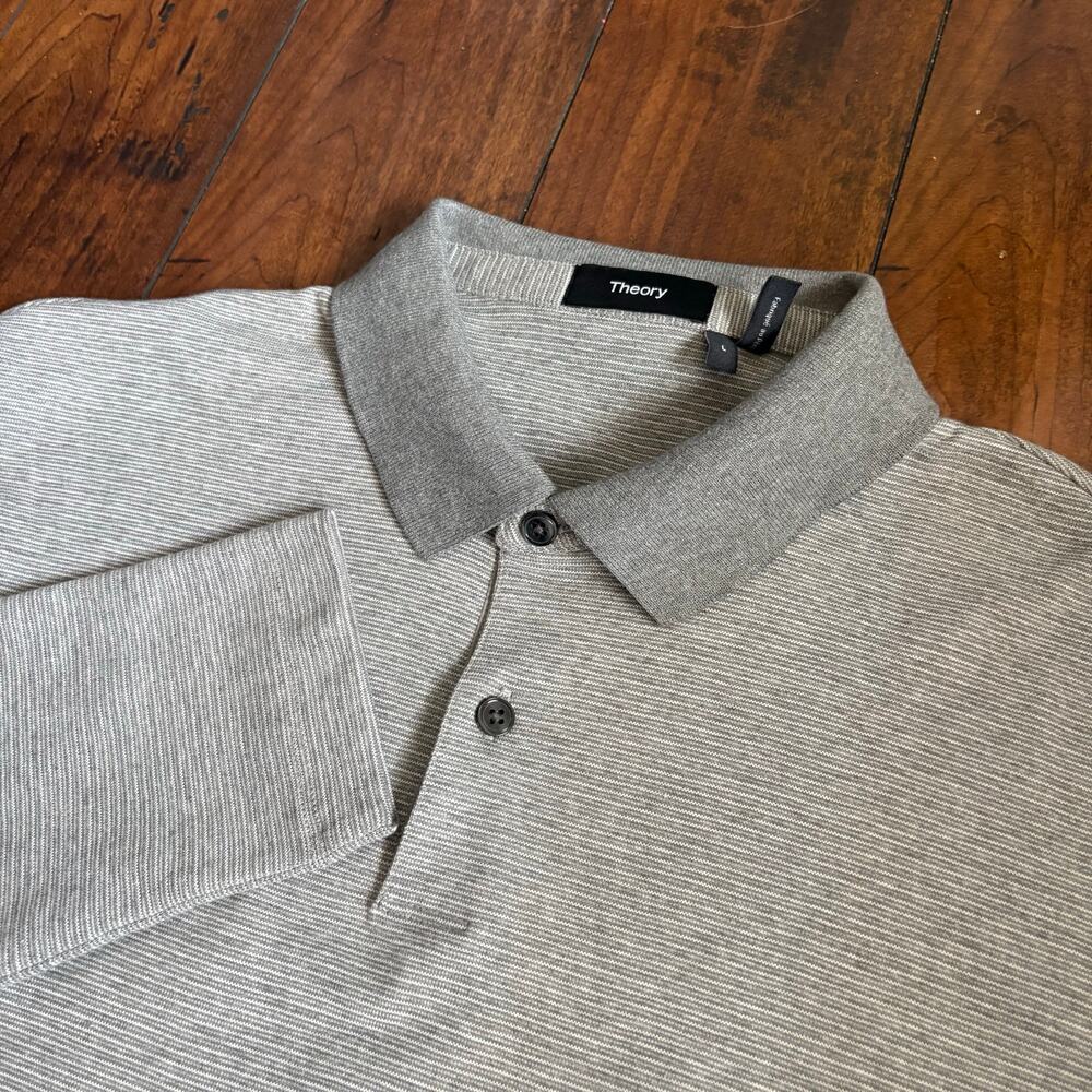 Theory Long Sleeve Polo Shirt Mens L Gray Pima Cotton Golf Luxury Soft Light